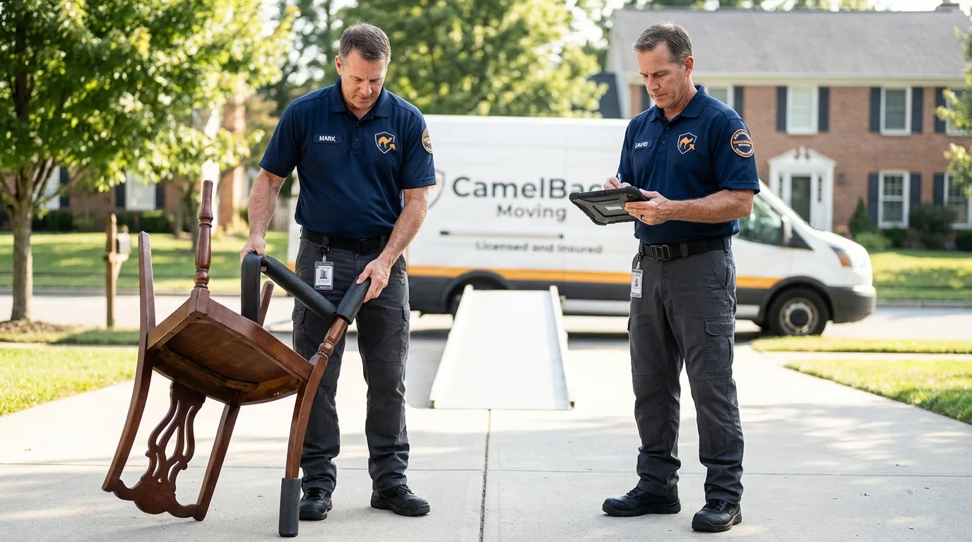 Movers inspecting furniture for damage prevention before loading in Ben Lomond, CA
