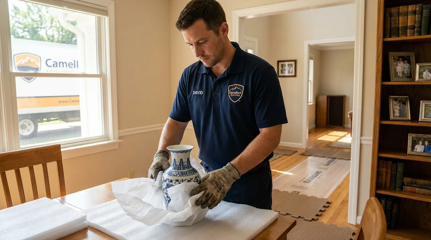 Professional crew carefully wrapping antique vase for senior downsizing move in Ben Lomond, CA